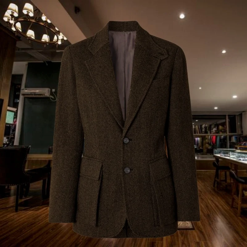 

Herringbone Blazer Men's 9 colors Waist-cinching design with flap pockets Business formal Jacket Vintage hunting-style menswear