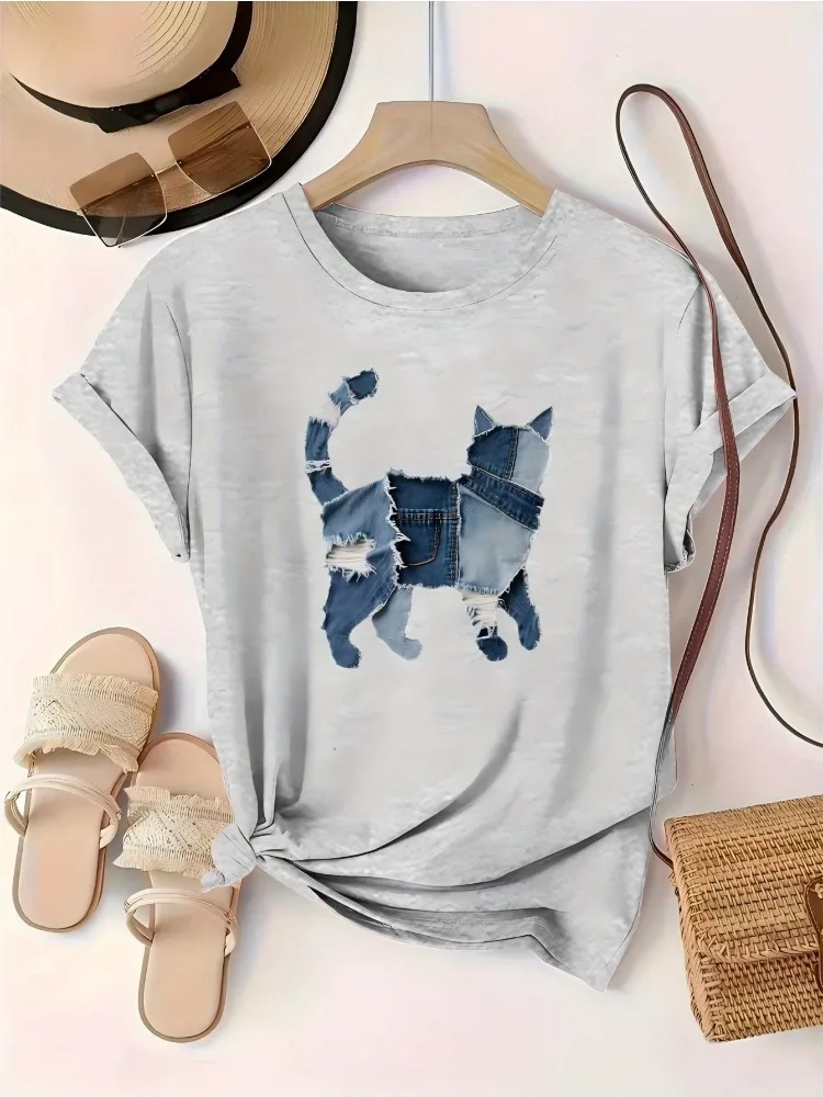 Cowboy Cat Pattern New Women's Wear Beautiful Printed Short Sleeve Round Neck T-shirt Four Seasons Base Casual Elegant Top