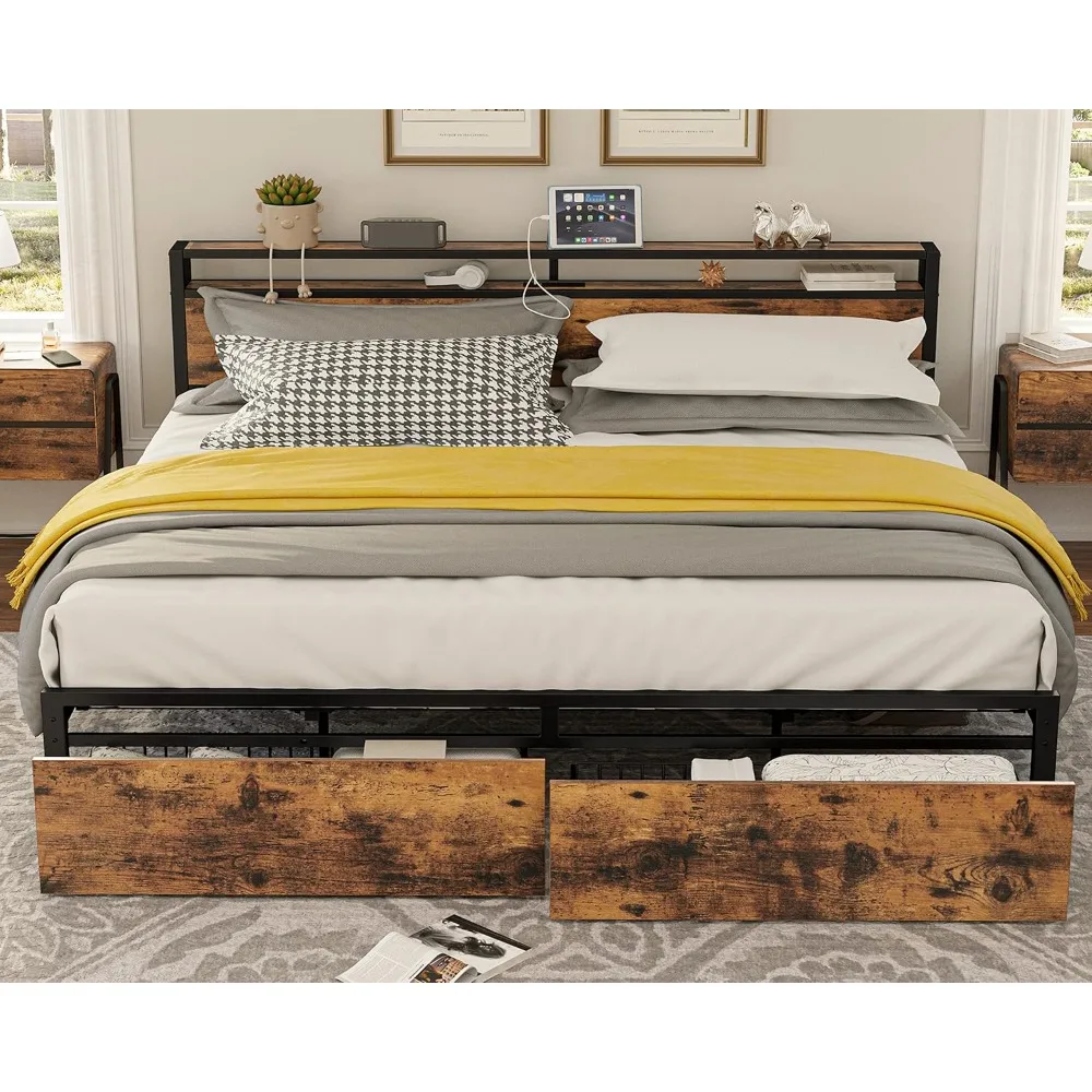 King Size Bed Frame with Headboard Platform Bed with Drawers and Charging Station No Box Spring Needed Easy Assembly Bed Frame