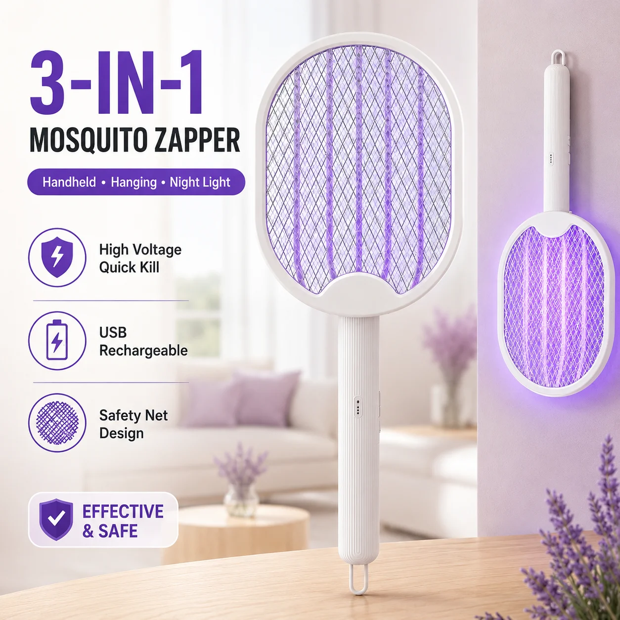 2-in-1 Electric Mosquito Killer Folding Mosquito Killer Type-C Charging 3000V Home Portable Handheld Mosquito Repeller