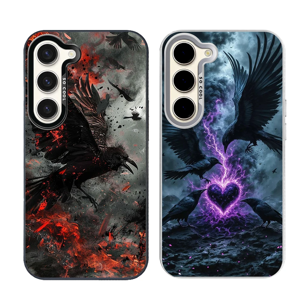 Black Raven Phone Case Cover for Samsung Galaxy S26 S25 S24 S23 S22 S21 S20 FE Ultra Plus Present Grey Silvery Shell Fundas Bags