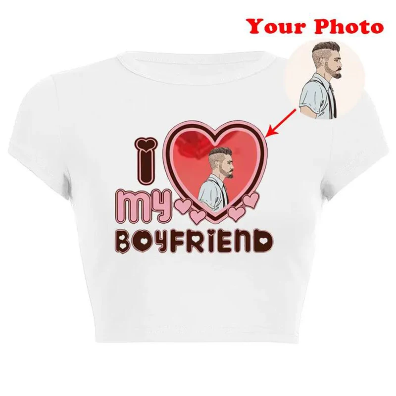 

Женский короткий топ с надписью «I Love My Boy with Your Photo»