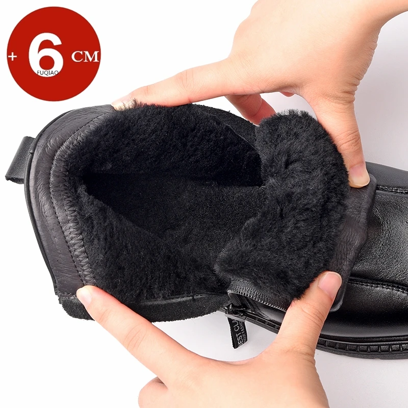 Men Cow Leather Height Increase Boots 6CM Side Zipper High Top Winter Elevator Shoes Warm Wool Fleece Lined Ankle Boots for Men