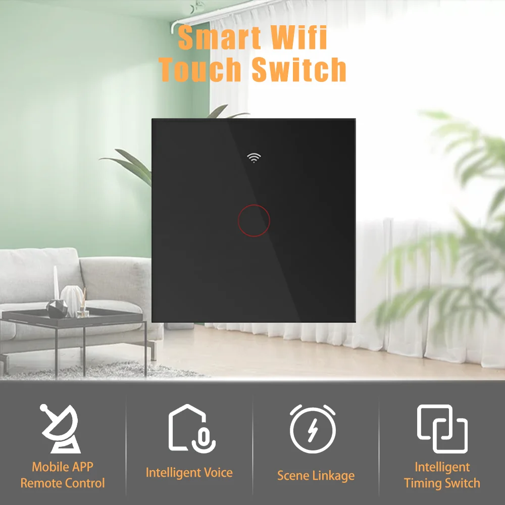 EU Tuya WiFi Smart Light Switch with Glass Panel Touch Sensor Smart Wall Switch with No Neutral Wire Remote Control Google Home