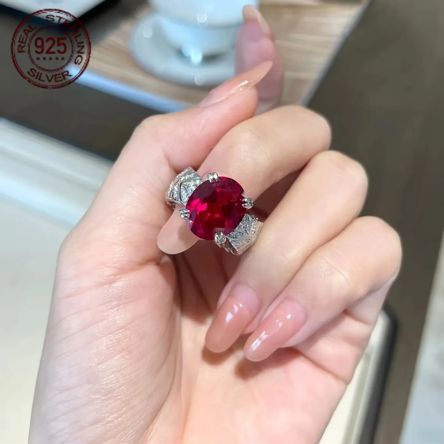 فاخر البيضاوي قطع 9.52CT مختبر روبي مع زركون 925 فضة خواتم للنساء خمر خاتم الزواج غرامة مجوهرات #2