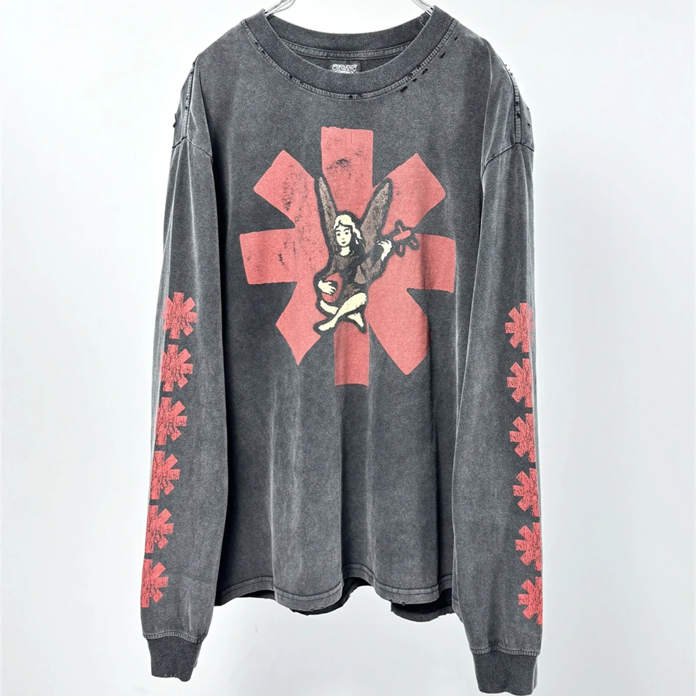 Vintage Black Saint RED HOT CHILI PEPPERS RHCP Washed T Shirt Men Women Collaboration Long Sleeve Tee Tops T-Shirts