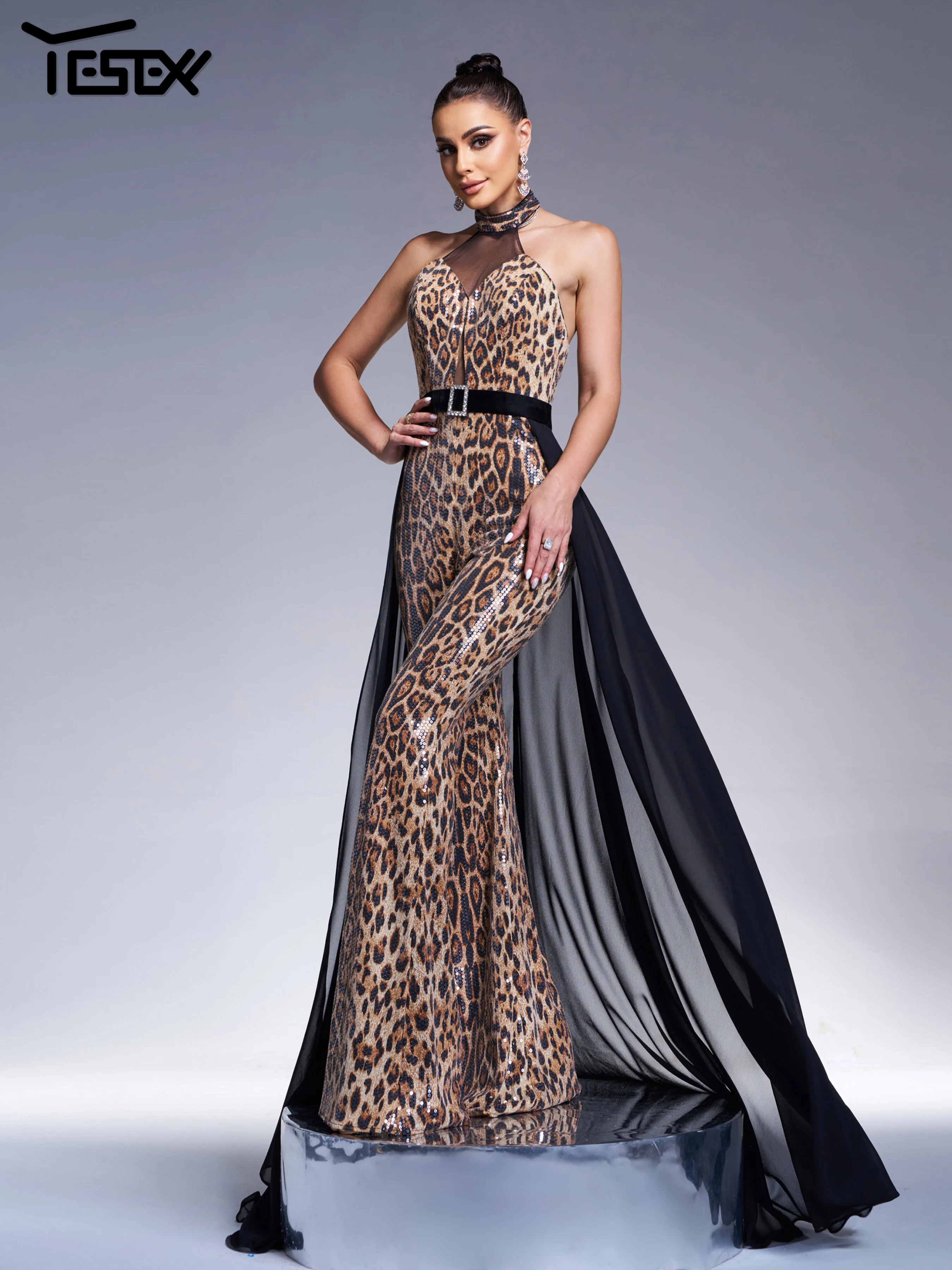 Yesexy New Black Sequin Halter Backless Chic Elegant Formal Occasion High Quality Luxury Leopard Print Mesh Long jumpsuit