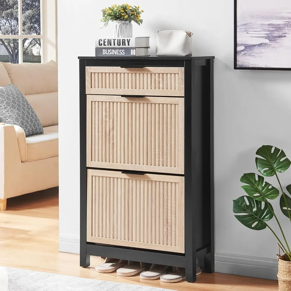 

2 Flip Drawers Shoe Cabinet Storage for Entryway, Narrow Shoes Organizer for Front Door Entrance, Free Standing Hidden W
