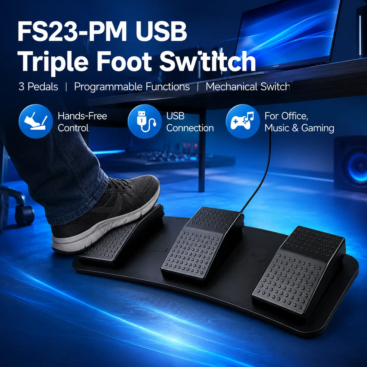 FS23-PM USB Triple Foot Switch Programmable Foot Pedal Mechanical Switch for Image Acquisition Music Game Keyboard Control