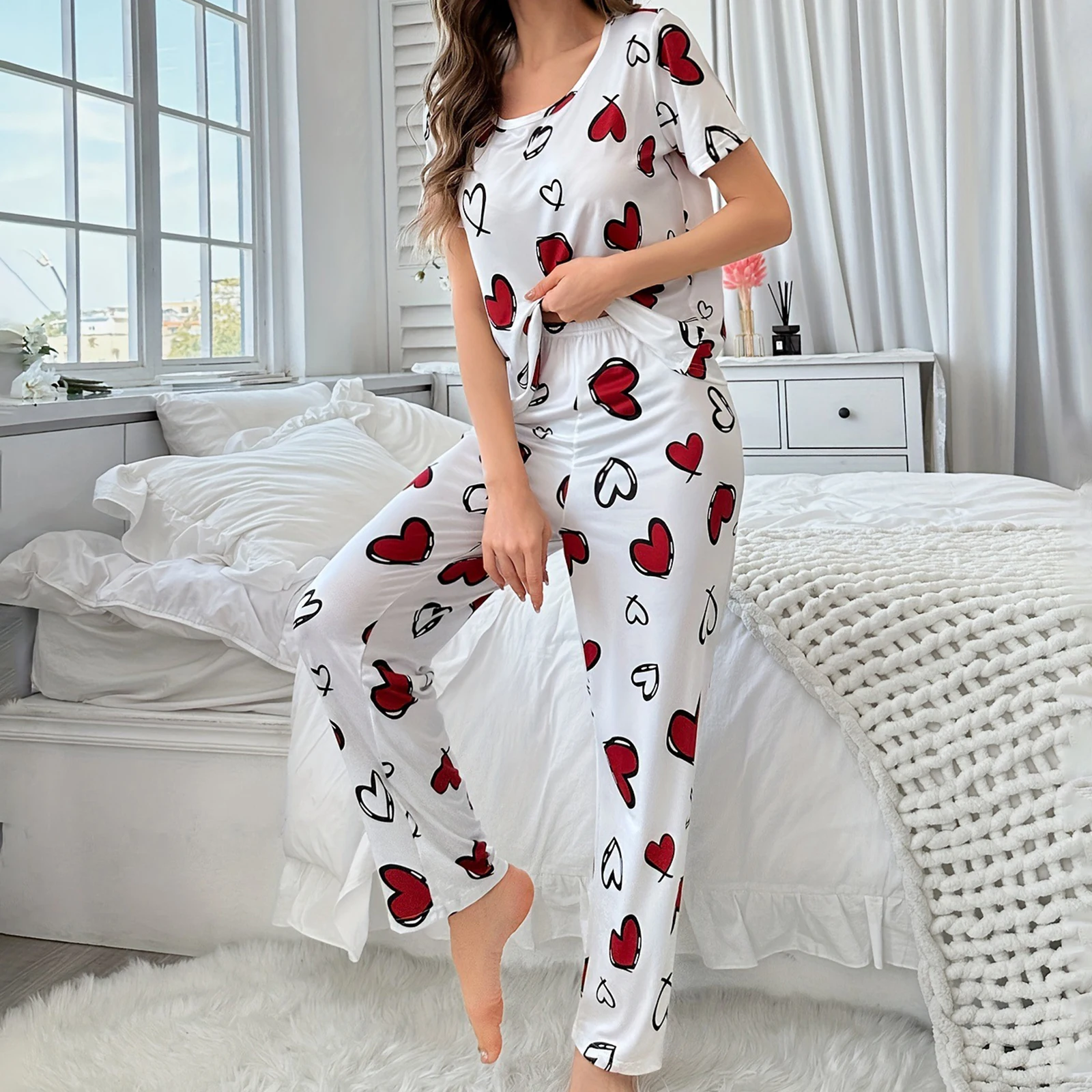 طقم بيجامات نسائي لعيد الحب مطبوع عليه قلب وأكمام قصيرة بلوزات وسراويل مكونة من قطعتين ملابس للاستلقاء #6