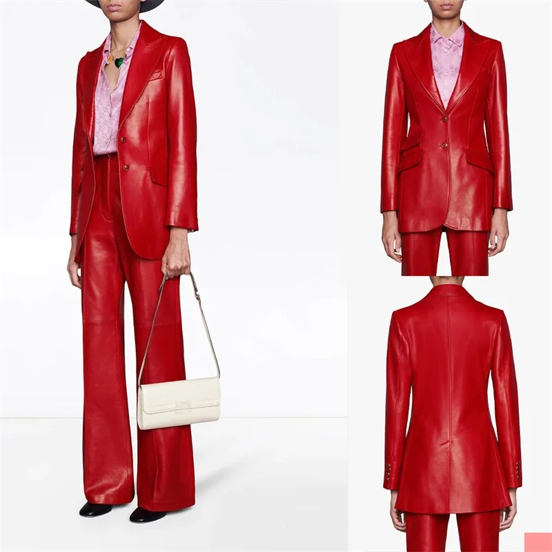 Leather Red Women Suits Set Blazer 2 Pcs Jacket+Wide Leg Trousers Mother of the Guest Dress Formal Party Pants Coat Custom Made