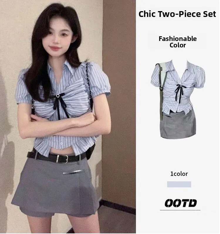 Rayas azules ort Sve irt Diseño de mujer Sensation Verano American College Sle Top ort Falda plisada Conjunto Coreano S...