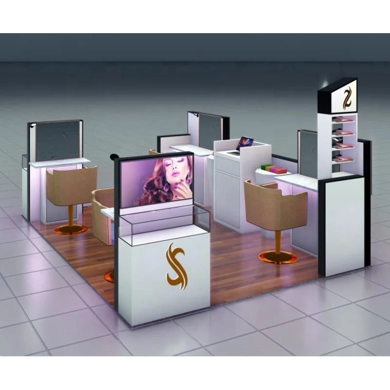 

Custom. modern hair accessories display cabinet hair salon kiosk shopping mall cosmetics kiosk with LED