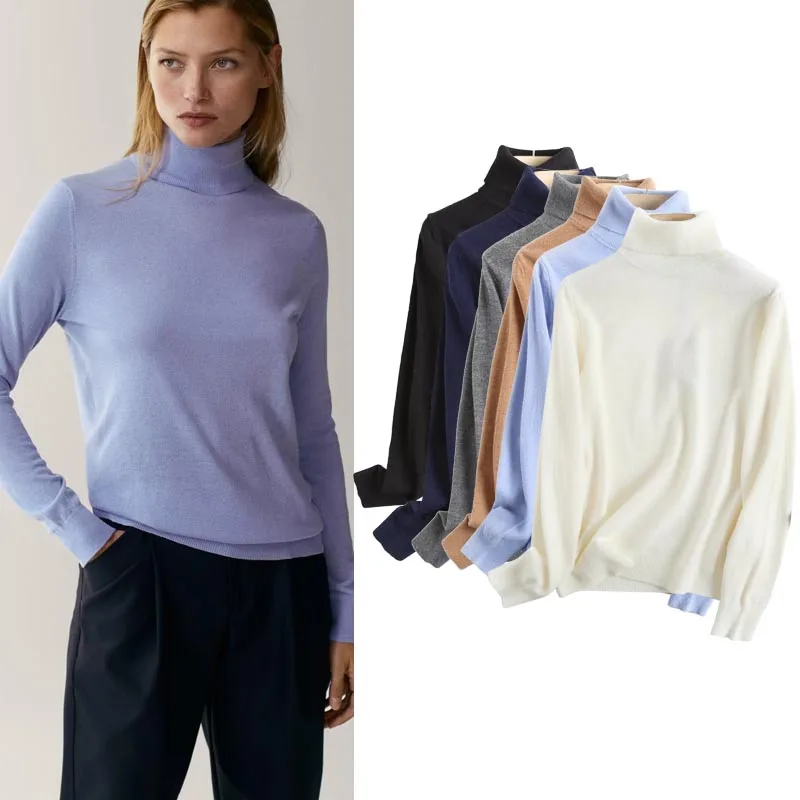 Warm High Collar Knitted Sweater Pure Color Base Layer Shirt Overhead Slim Fit Women's Fashion Autumn  ZADATA Brand