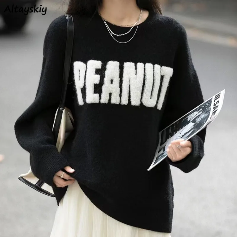 

Korean Style Pullovers for Women Long Sleeve All-match Letter Fashion O-neck Knitted Warm Autumn Winter Simple Design Chic Ins