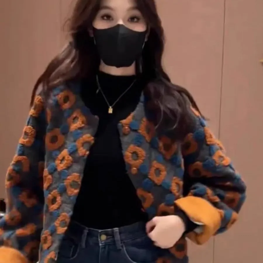 Women's Clothing Autumn Winter Coat Sweatshirt New Retro 3D Flowers Charm Loose Zipper Cardigan Coats Streetwear Short Jacket