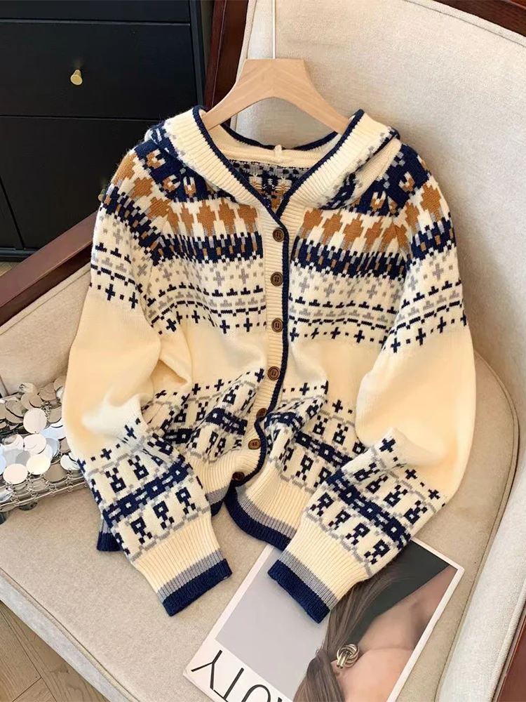 Women's Beige Hoodies Cardigan Sweater Harajuku 90s Vintage Ethnic Style Y2k Long Sleeves Cashmere Sweaters Jumper 2000s Clothes