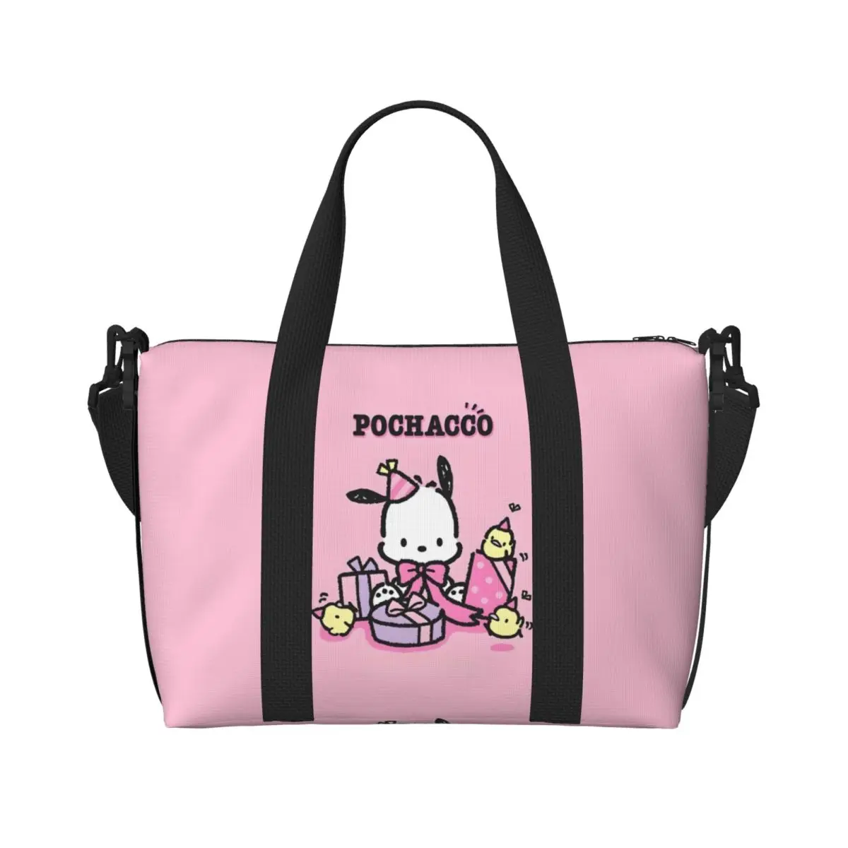 

Custom Sanrio Pochacco Happy Birthday Tote Bag Women Large Capacity Anime Cute Cartoon Gym Beach Shoulder Travel Bag