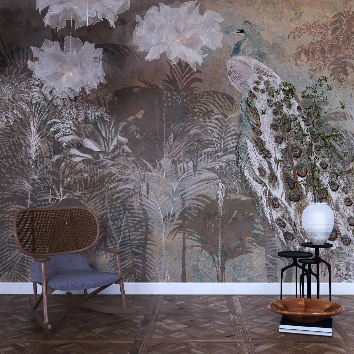Vintage Peacock Wall Mural For Home Decoration, Animal Design Dark Chinese Style Wallpaper Wall Art.Traditional Non Woven Papers