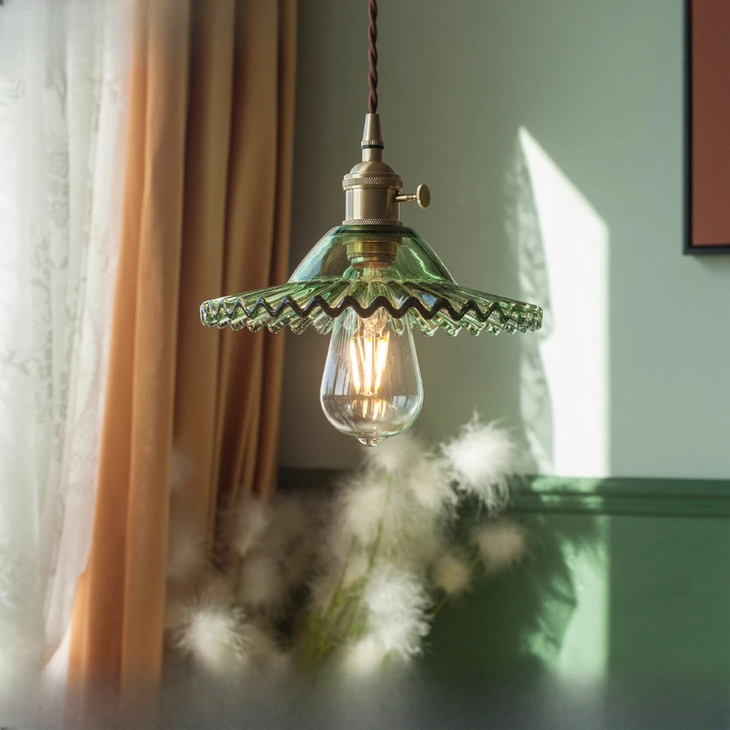 

Nordic Japanese retro restaurant headboard entrance hallway bar counter balcony brass glass pleated pendant light