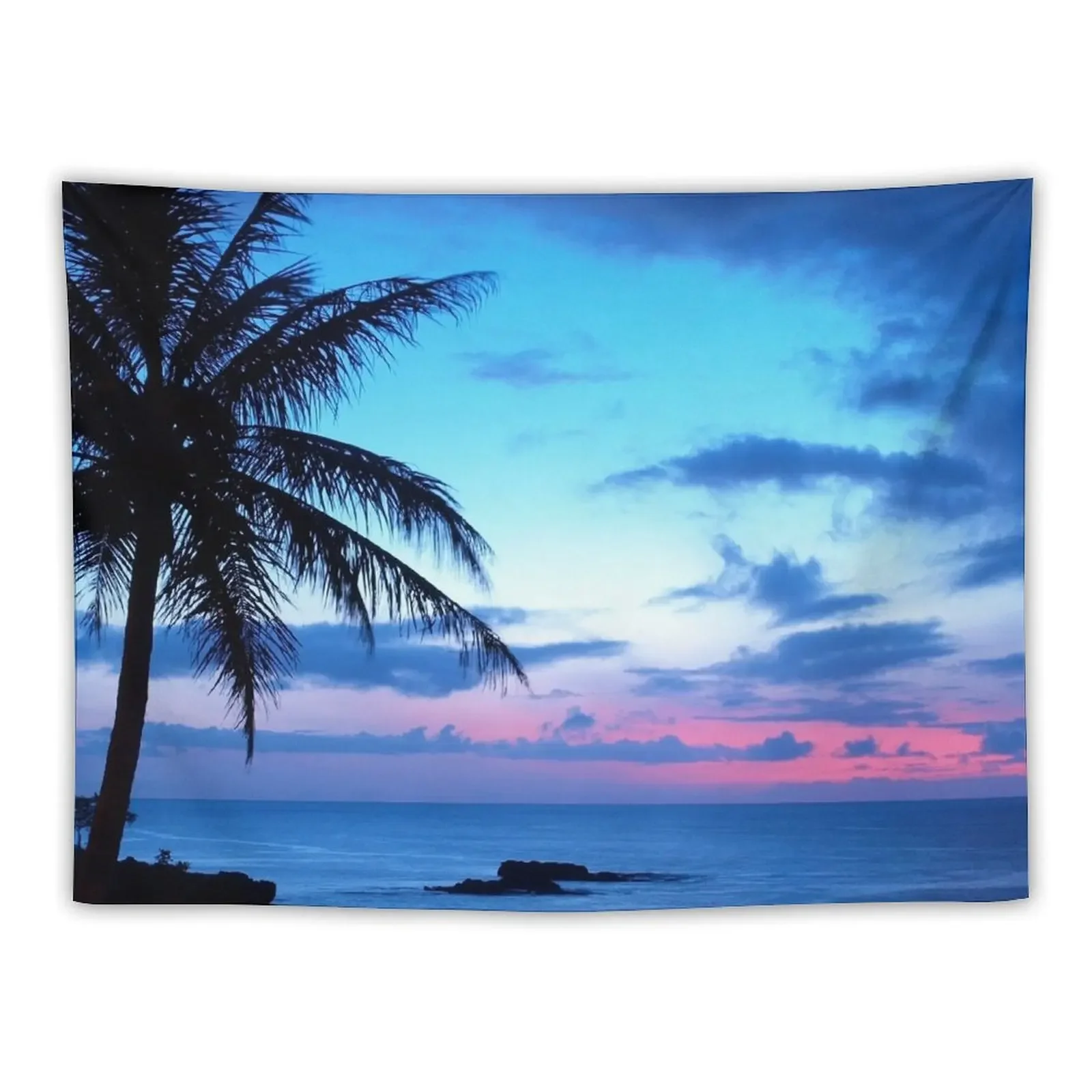 Tropical Island Pretty Pink Blue Sunset Landscape Tapestry Wall Carpet Tapestry