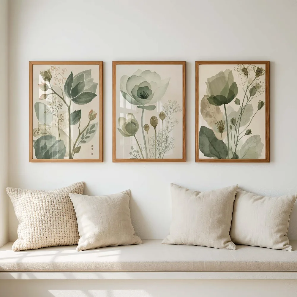 Neutral Botanical Wall Art,Minimalist Floral Prints,Japandi Wall Decor,Scandinavian Green Leaf Art,Modern Organic Gallery Wall