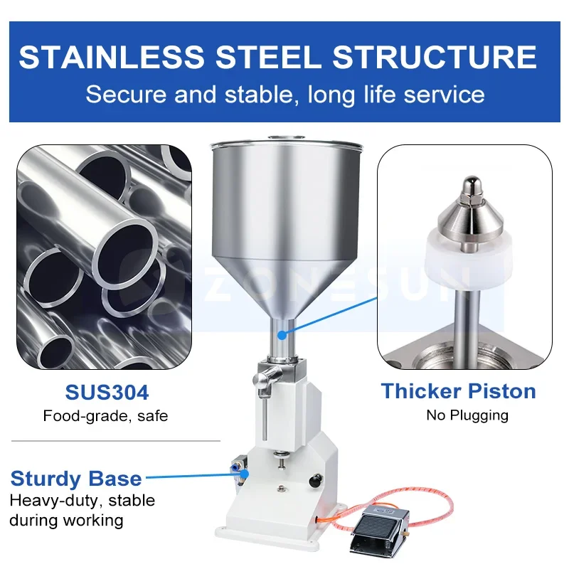 ZONESUN 수동 액체 필러, 공압 페이스트, 꿀 로션 충전 기계, 두꺼운 유체 오일 병, 화장품 ZS-A02