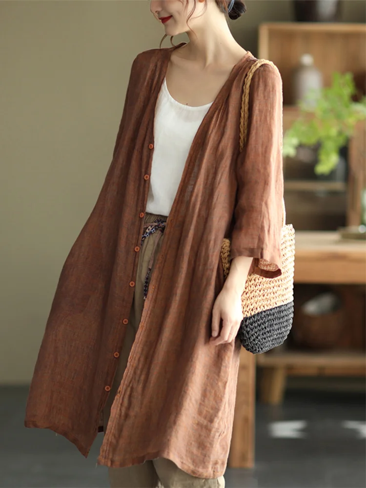 جديد الصيف المرأة القطن الكتان معطف طويل فضفاض تكييف الهواء irt رقيقة الفنية الرجعية اللون ملابس خارجية Jaet #2