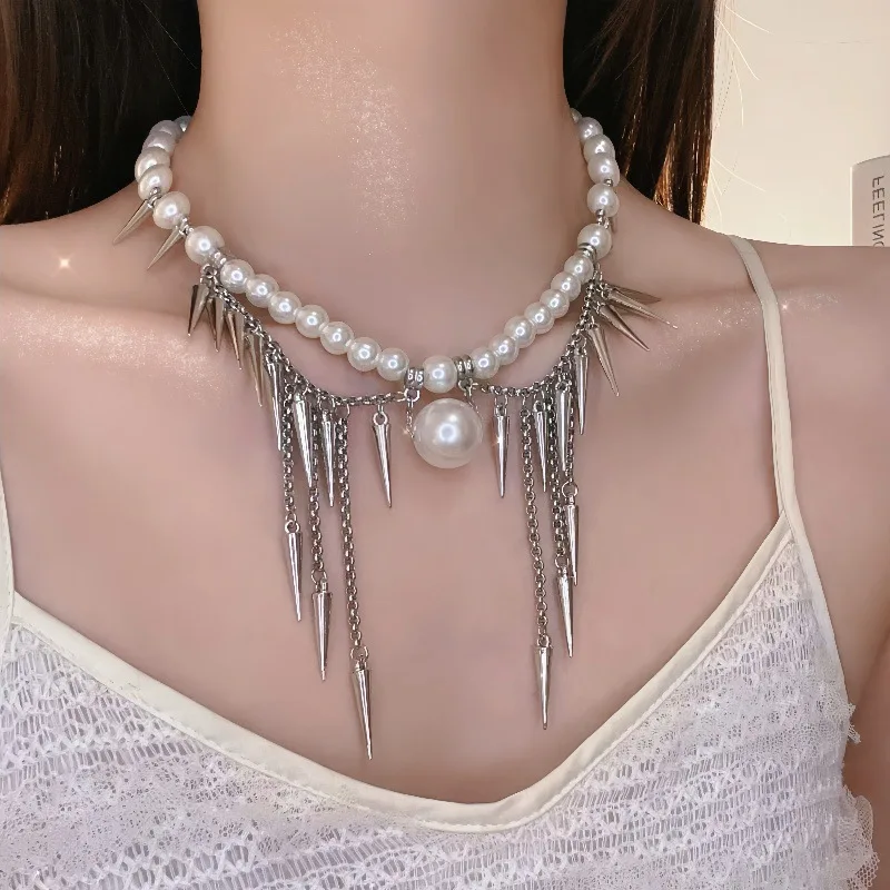 Draweye Rivets Tassels Necklaces for Women Punk Style Y2k Vintage Fashion Jewelry Hiphop Pearls Luxury Collares Para Mujer