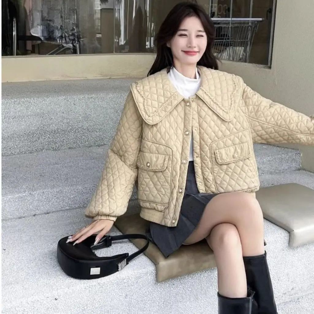

Women's Tweed Style Cotton Outwear Light Thin Winter Jacket Student New Fashion Short Doll Collar Slim Fit for Ladies