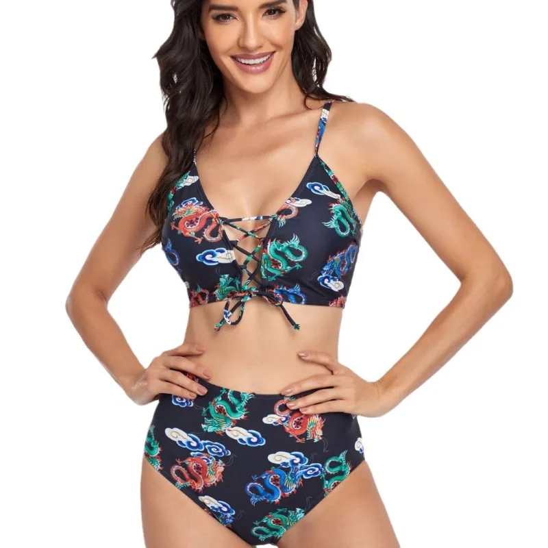 Bañador Sexy con estampado de tinta para mujer, traje de baño con correa en el pecho, Bikini con abertura en V profunda, cintura alta, Espalda descubierta, ropa de playa ajustada