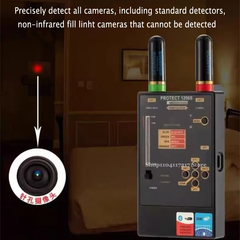 

1206S Профессиональный AI-детектор ошибок GSM GPS-трекер Шпионский детектор гаджетов Антишпион Скрытая камера/объектив WiFi-сигнал Автоматическое обнаружение детектор сигнала Скрытое ударное устройство Поиск
