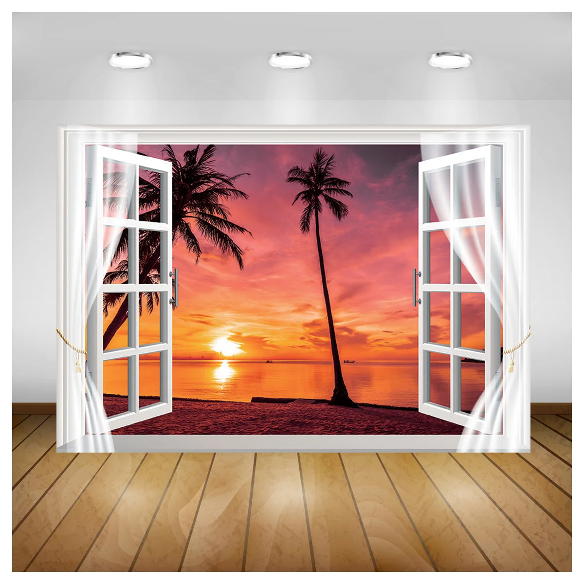 

SHENGYONGBAO Window Beach Coconut Tree Photography Backdrops Props Scenery Mall Indoor Decoration Photo Studio Background HH-17