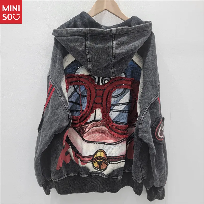 

Miniso 2025 Autumn Heavy Embroidery Hoodie, Oversized Cartoon Print Women's Sweatshirt