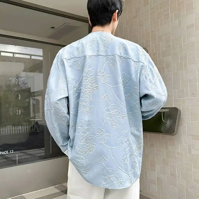 Jacquard Vintage Men's V Neck Shirt Color Block Oversized Fit Long Sleeve Casual Streetwear Premium Top N9OX