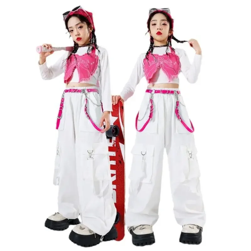 

2024 Girls Group Jazz Dance Costumes White T-Shirt Loose Vest Hiphop Pants Suit Kids Clothing Hip Hop Dance Streetwear