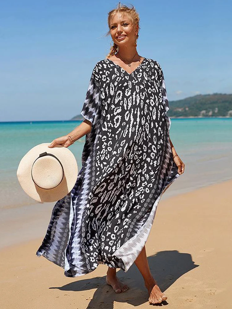 Vestido de cobertura grande com estampa colorida para mulheres 2025 estilo tie dye decote em v solto proteção solar festa de férias boho coverups dres