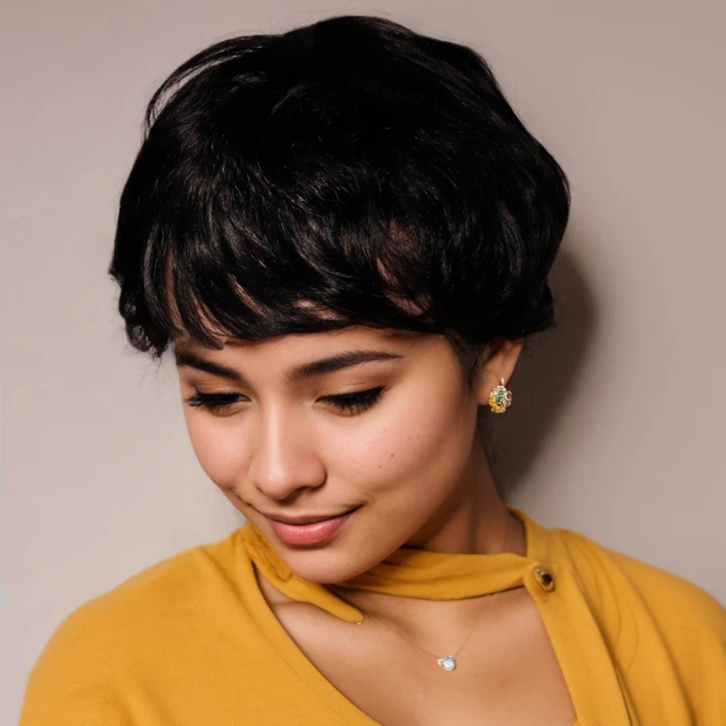 

Short Human Hair Wigs For Black Women Pixie Cut Machine Made Wigs With Bangs Colored Straight perruque bresillienne Human Hair
