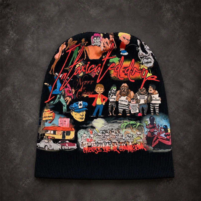 Hip Hop Graffiti Cartoon Print Beanie Retro Comic Pattern Soft Stretch Knitted Hat Punk Street Fashion Unisex Headwear
