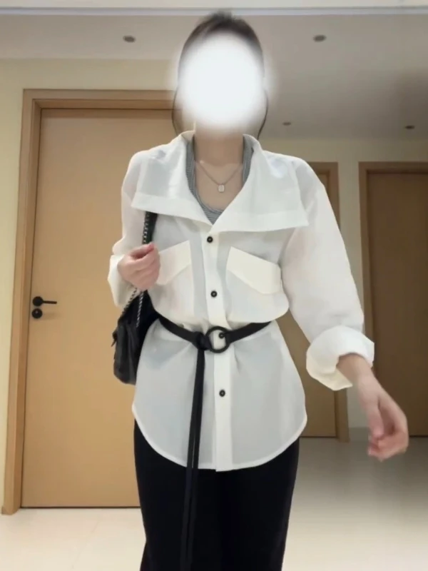 

White Collar irt Women's Long Sve Waist Cinched Early Spring Korean Sle Commute Breathable Cotton Polyester