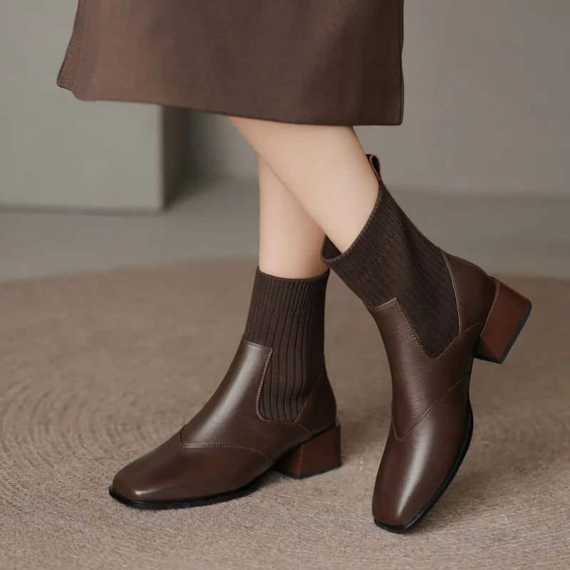 

New Autumn Winter Boots for Women Knitted Sleeve Elastic Shoes Skinny Women Boots Retro Square-toed Chunky Mid-heel Ankle Boots