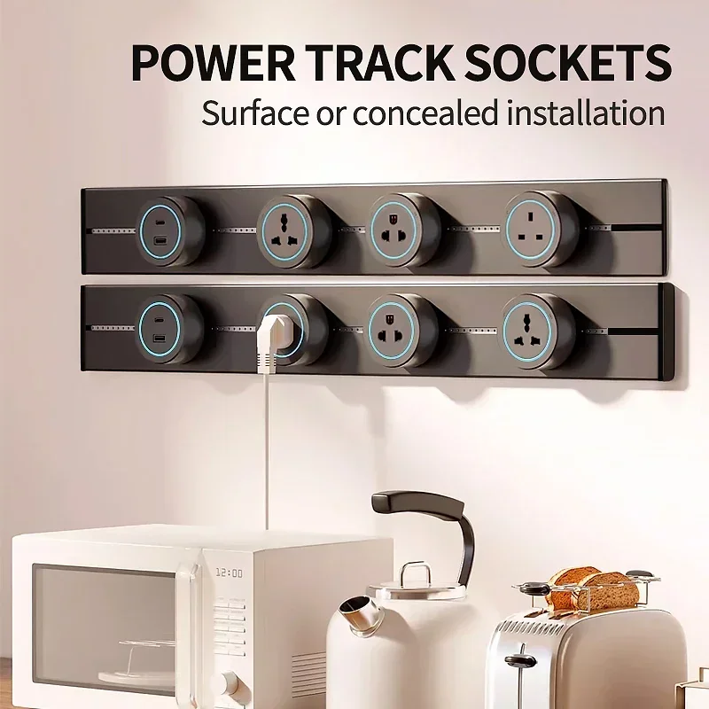 High Power Track Socket,Wall power rail socket,built-in socket on countertop,kitchen aluminum expansion socket 40cm 50cm