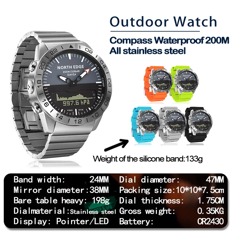 North Edge Gavia Men\'s Business Leisure Outdoor Sports Waterproof Steel Watch High Pressure Diving Watch Dual Display Watch