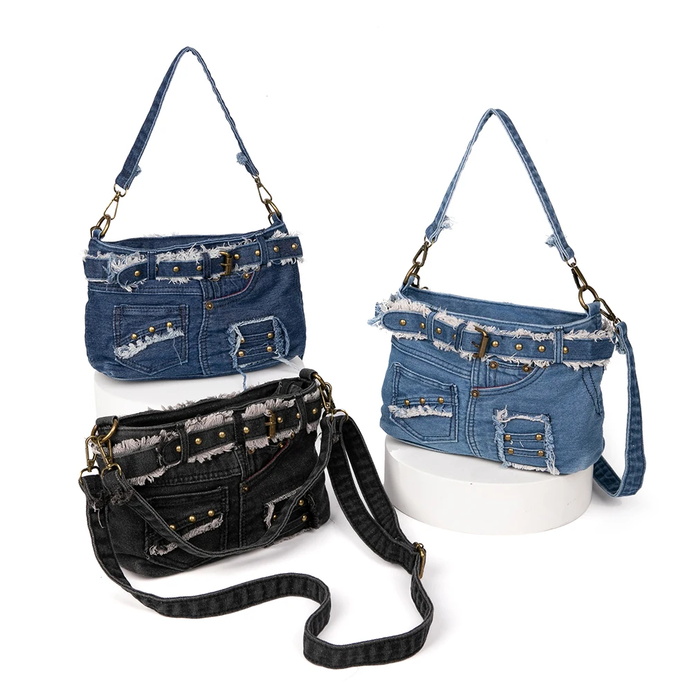 Female Cool Handbag The Cowboy Material  Jeans Pocket With Metallic Rivets And Buckle Denim Cross Body Bag