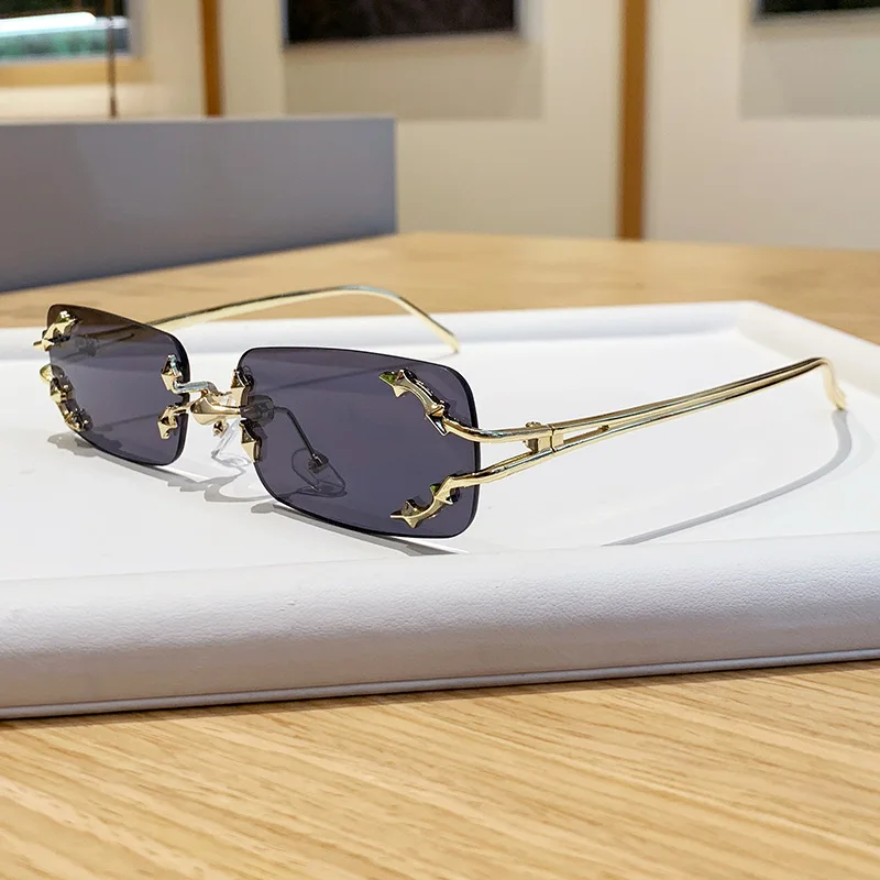 Gafas sin montura para hombre y mujer, gafas de sol de alta gama con estilo rufián, gafas de sol de moda con montura plateada, gafas de sol GM sin montura.