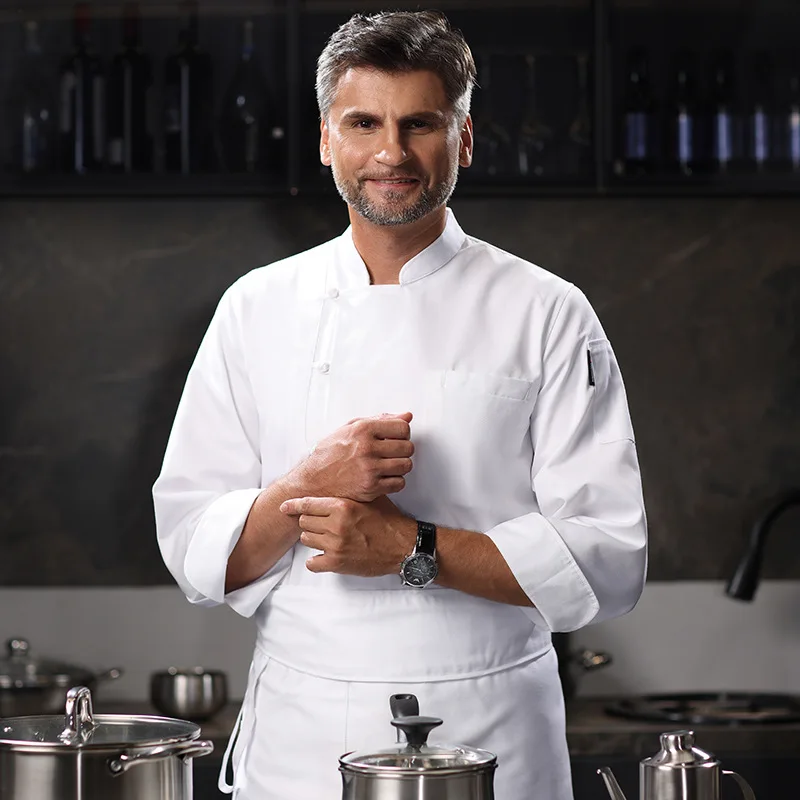 أزرار معطف الشيف للرجال بأكمام طويلة وسترة المطبخ زي نادل المطاعم