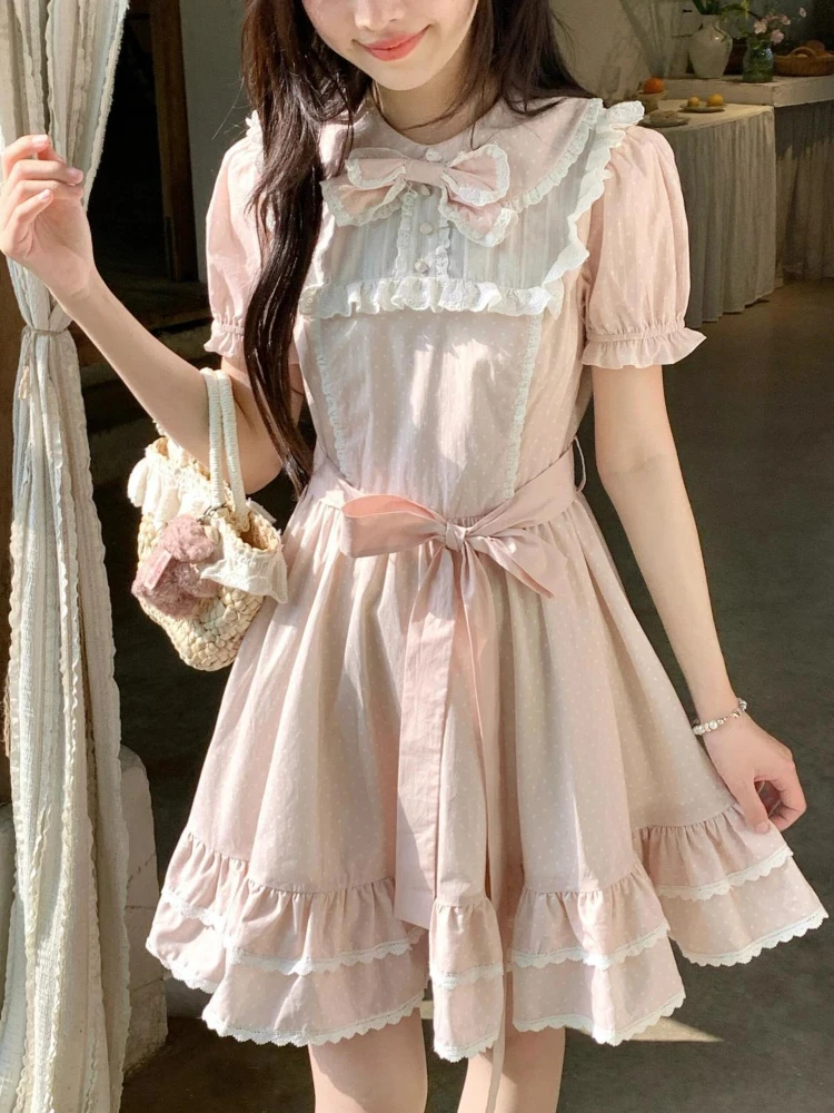 Letnia Słodka Różowa Sukienka z Bufiastymi Rękawami i Kokardą Damska Projekt Casual Nowe Sukienki Patchwork Elegancka Nowa Moda Sukienki Krótkie w Linii A