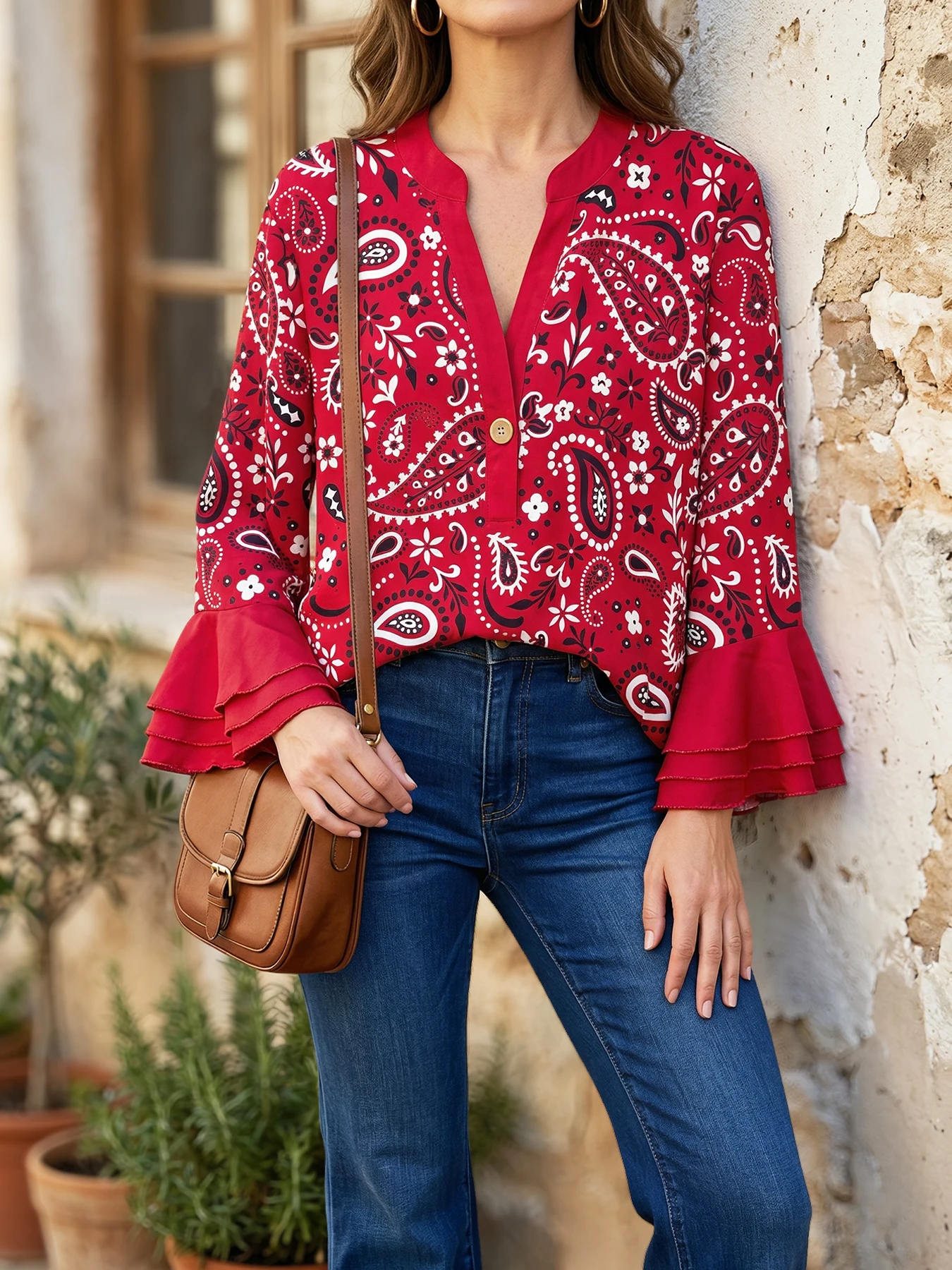 

Women's Fashion Casual Floral Print V-Neck Long-Sleeve Ruffle-Cuff Top/Blouse