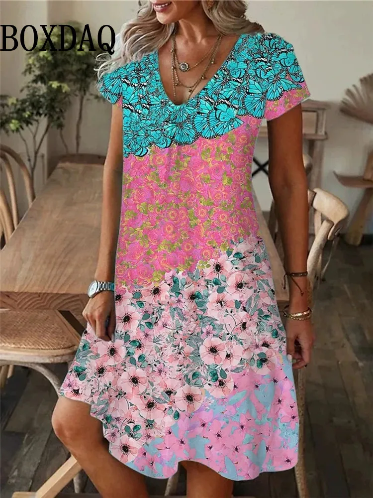 

2025 New Flowers Striped Pattern Women'S Dress Plus Size Summer Loose Pullover Dress Casual V-Neck 3D Print Short Sleeve Dresses