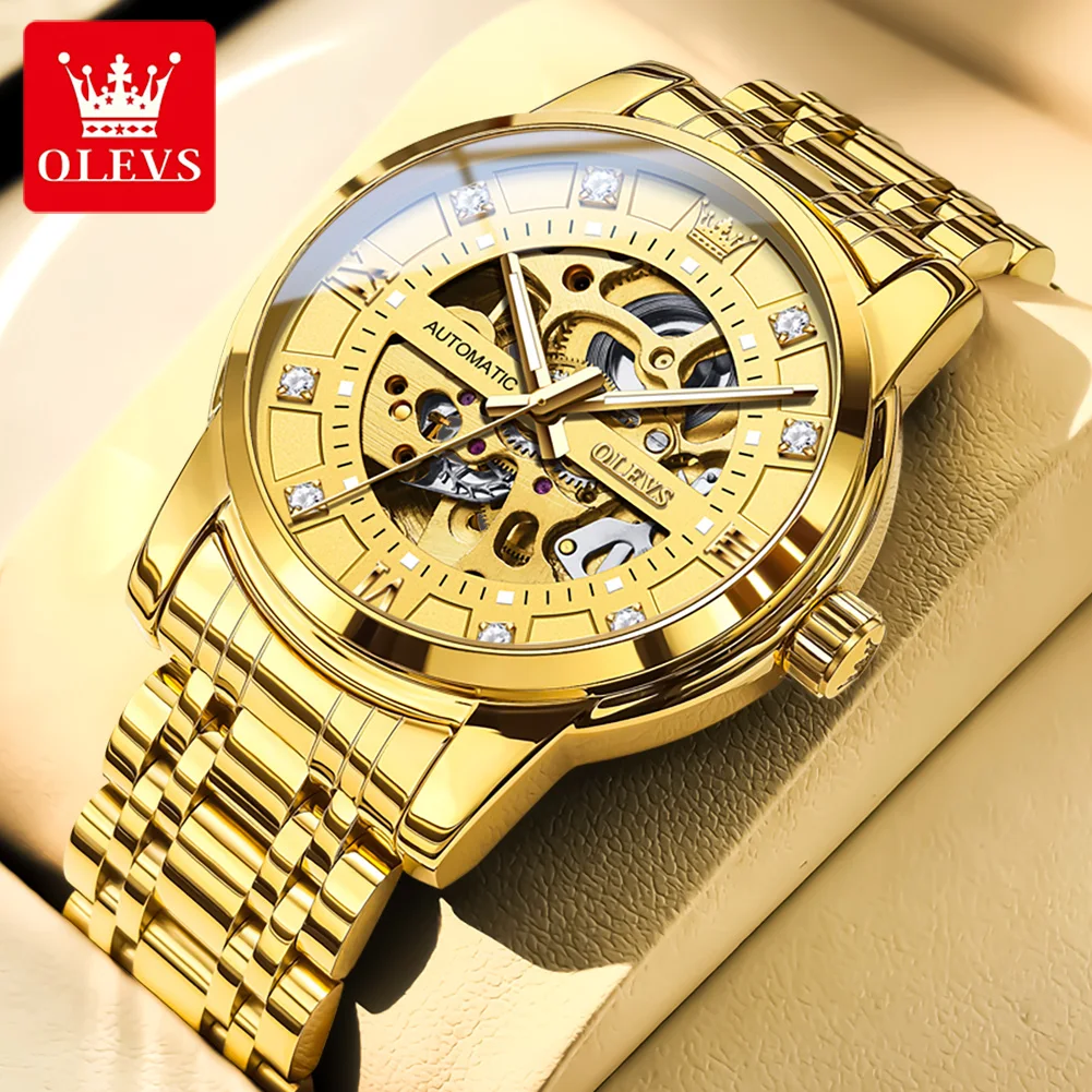 OLEVS 9901 Full Gold Watch Men Skeleton Stainless steel 30M Waterproof Luminous Automatic Mechanical Watch for Man